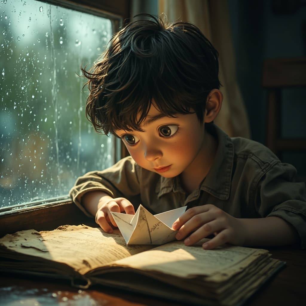 A Rainy day, boy folding paper. Close-up of the boy folding a boat from an old, weathered journal page. His face is focused, slightly sad but gentle. Style: Soft textures, cinematic framing.
