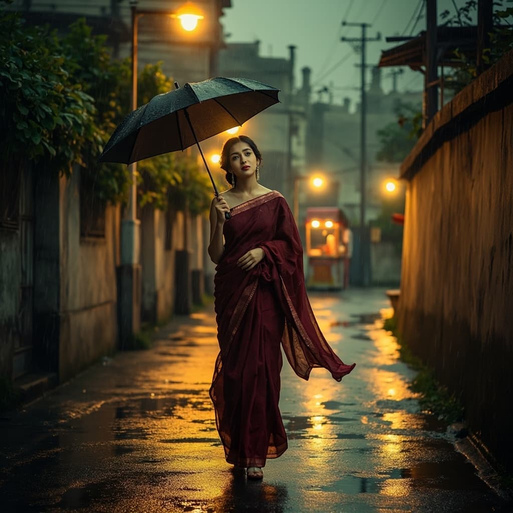 A graceful young woman walking slowly along an empty street in the early evening rain, wearing a deep maroon saree that flows gently in the breeze, slightly soaked at the hem.