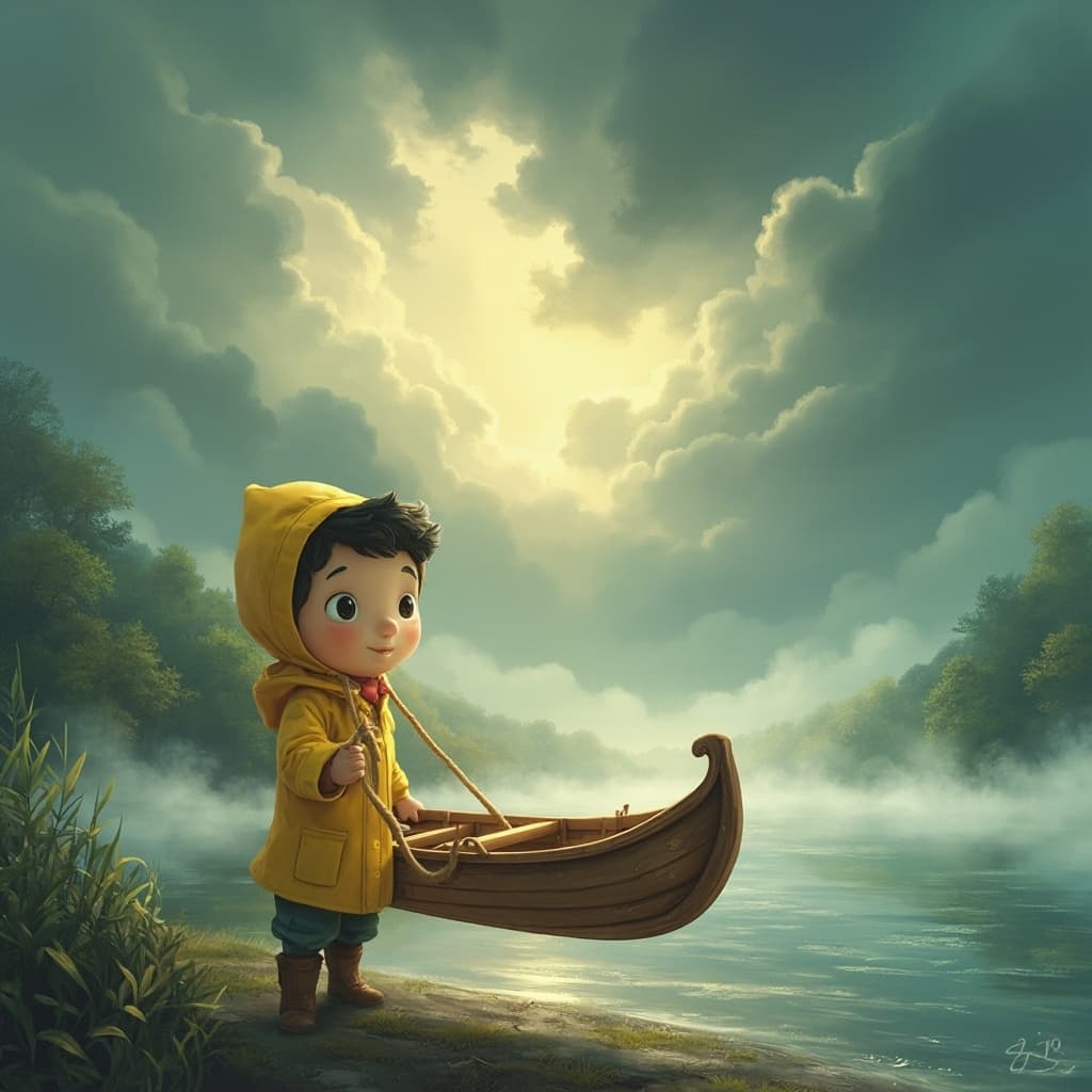 A scene of a River under cloudy sky. The boy standing by the riverbank in a raincoat, holding the finished boat. Mist lingers on the water, and clouds part slightly above. Style: Poetic and moody.