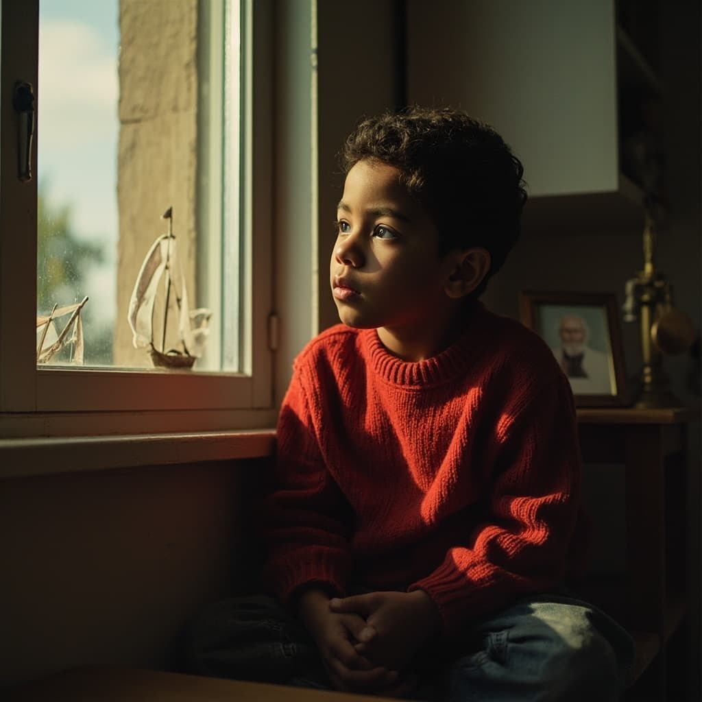 The boy(age 8, brown skin, curly hair, wearing a red sweater and jeans) now alone in a dimly lit room, sitting by a window with boats on the sill. A faded photo of Grandpa nearby. The atmosphere is still and tender. Style: Soft storybook illustration, muted colors, emotional tone.