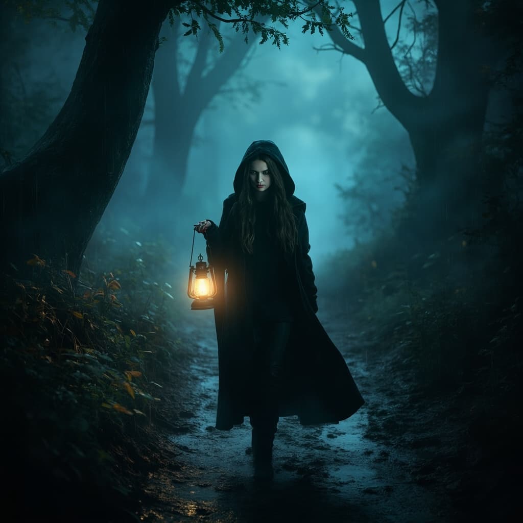 A mysterious young woman walking alone on a foggy forest trail during twilight, surrounded by tall, shadowy trees dripping with rain. She wears a long black cloak with the hood down, revealing her striking face lit by the cool, bluish light filtering through the mist.