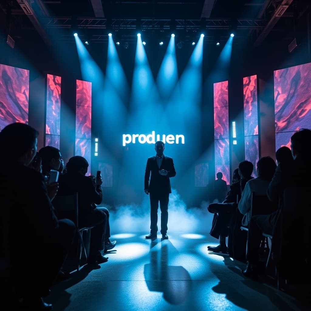 A sleek, modern stage lit with dramatic spotlights and LED panels, moments before a high-profile tech product launch. A presenter in a sharp black suit stands confidently at the center, holding a cutting-edge smartphone in one hand, as mist rises subtly from the floor.