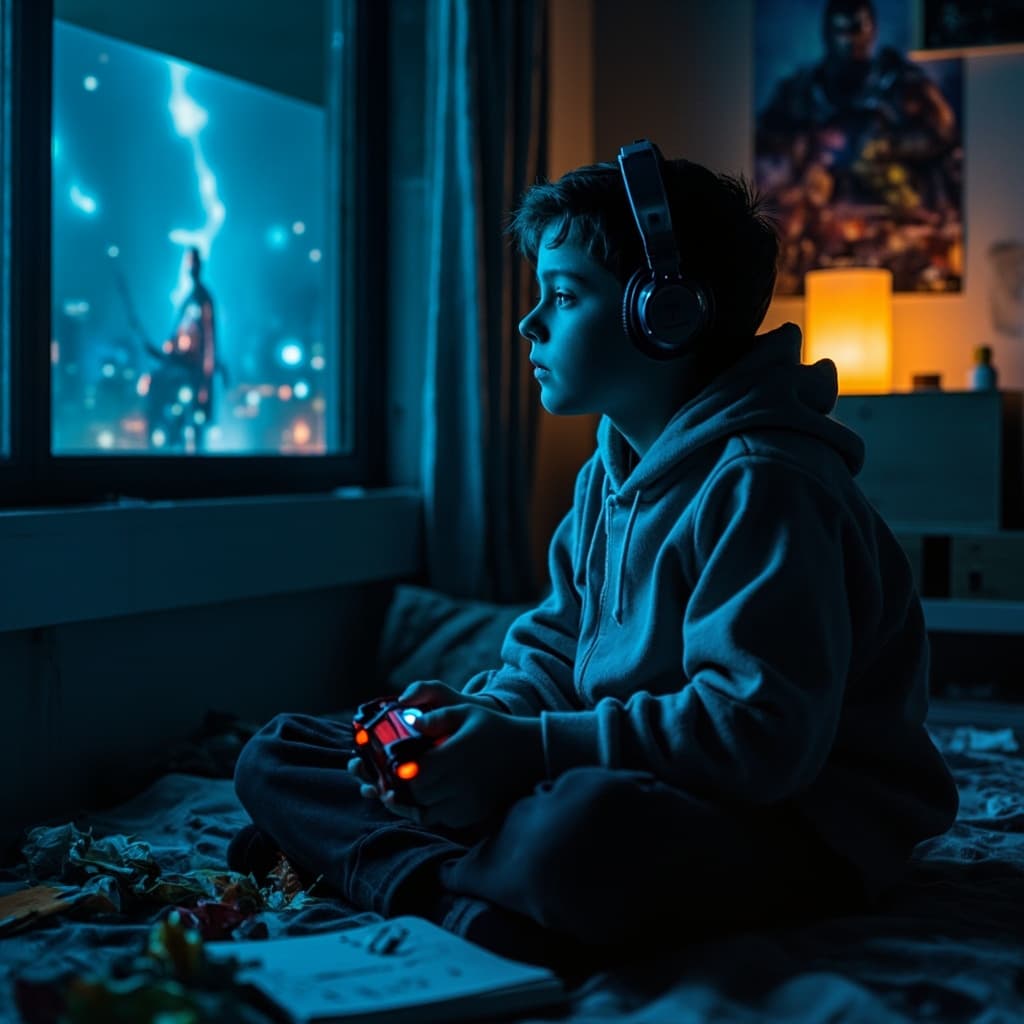 A teenage boy sitting on the floor of a modest bedroom late at night, the soft glow of a television screen illuminating his face as he plays a video game with intense focus.