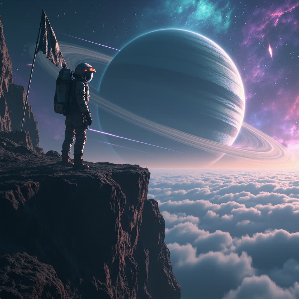 A lone astronaut standing on the edge of a colossal alien cliff overlooking a distant galaxy, surrounded by the ruins of an ancient interstellar civilization. 