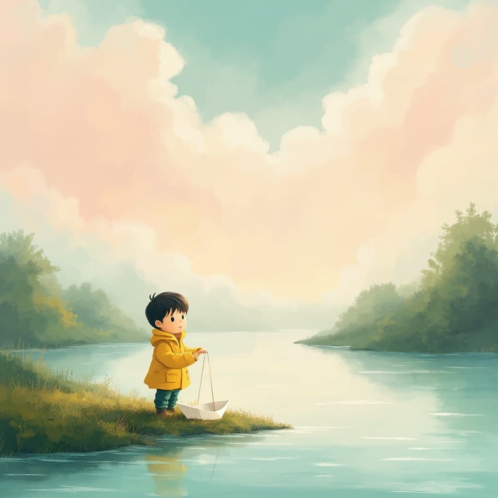 A scene of River under cloudy sky. The boy standing by the riverbank in a raincoat, holding the finished boat. Mist lingers on the water, and clouds part slightly above. Style: Poetic and moody, pastel tones.