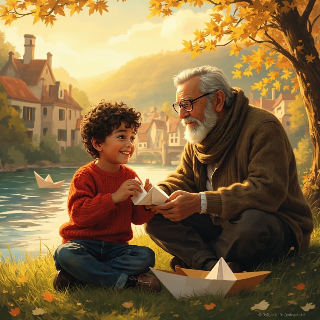 A cozy riverside village at golden hour. A young boy (age 8, brown skin, curly hair, wearing a red sweater and jeans) sits beside an elderly man (gray beard, glasses, tan skin, wearing a wool cardigan). They fold paper boats together with warm smiles. Style: Soft storybook illustration with warm lighting.