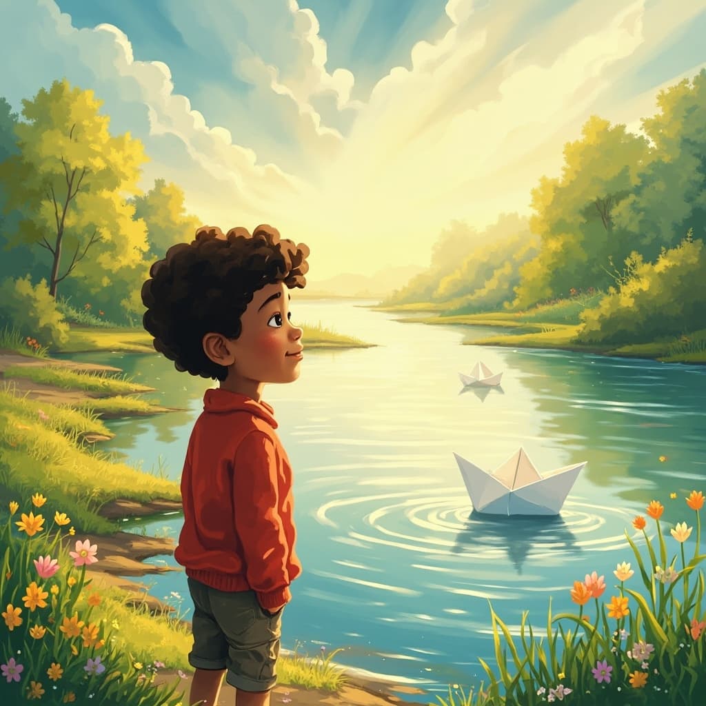 A young boy stands alone at the edge of a quiet riverbank, watching a small paper boat drift away in the distance. He has warm brown skin, curly hair, and wears a red sweater and rain boots. His expression is calm, with a soft, peaceful smile on his face. Behind him, light beams gently filter through soft, parting clouds, casting a golden glow over the scene. The surrounding landscape is lush with early spring greenery and scattered puddles from the earlier rain. The mood is hopeful and serene, capturing a quiet moment of healing and remembrance. Art style: Bright, storybook illustration with soft colors, warm highlights, and an uplifting, heartfelt atmosphere.