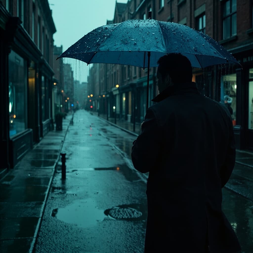 A man walking on an empty street with a blue umbrella on a rainy day.